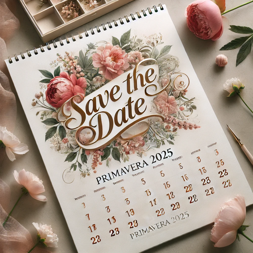 Immagine di un calendario PRIMAVERA 2025 con una data specifica cerchiata in rosso, caratterizzato da un design elegante e romantico. Lo sfondo del calendario utilizza colori pastello delicati, ideali per un tema primaverile. Al centro, la scritta 'Save the Date' è evidenziata con un font stiloso e calligrafico. Attorno al calendario, una disposizione raffinata di fiori da matrimonio come peonie, rose e fiori di ciliegio, che conferiscono un'atmosfera sofisticata e artigianale, perfetta per un invito di nozze. L'immagine riflette un'estetica raffinata, tipica del design di inviti di ParteciPiante.