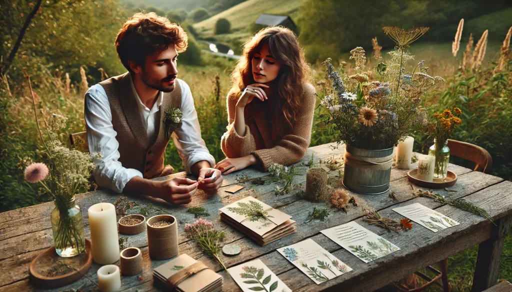 Coppia di sposi che pianifica il matrimonio con partecipazioni in carta piantabile, seduti all'aperto in un ambiente naturale