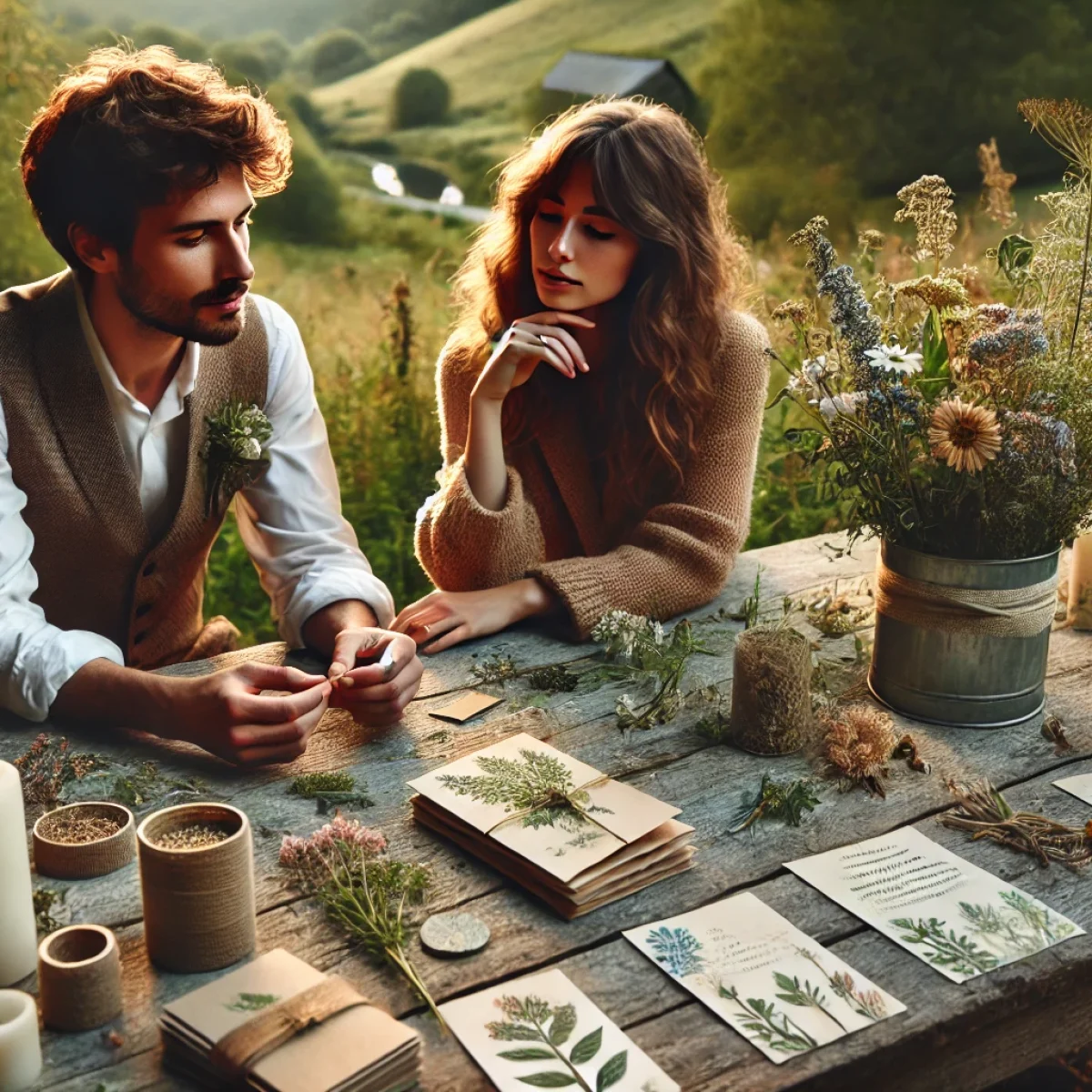 Coppia di sposi che pianifica il matrimonio con partecipazioni in carta piantabile, seduti all'aperto in un ambiente naturale